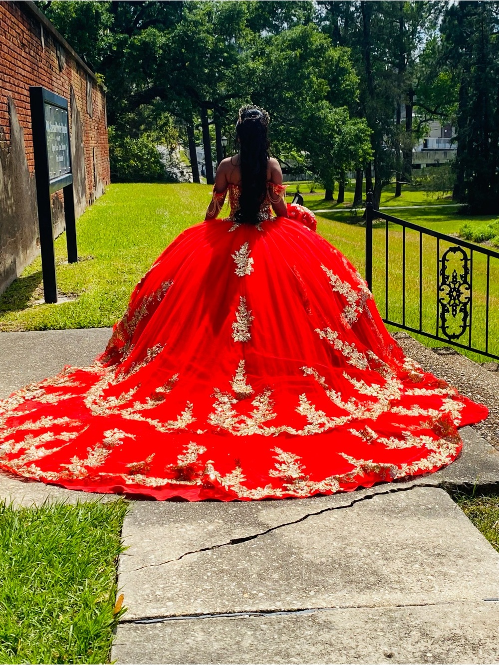 Red Ball Gown with Gold Embroidery